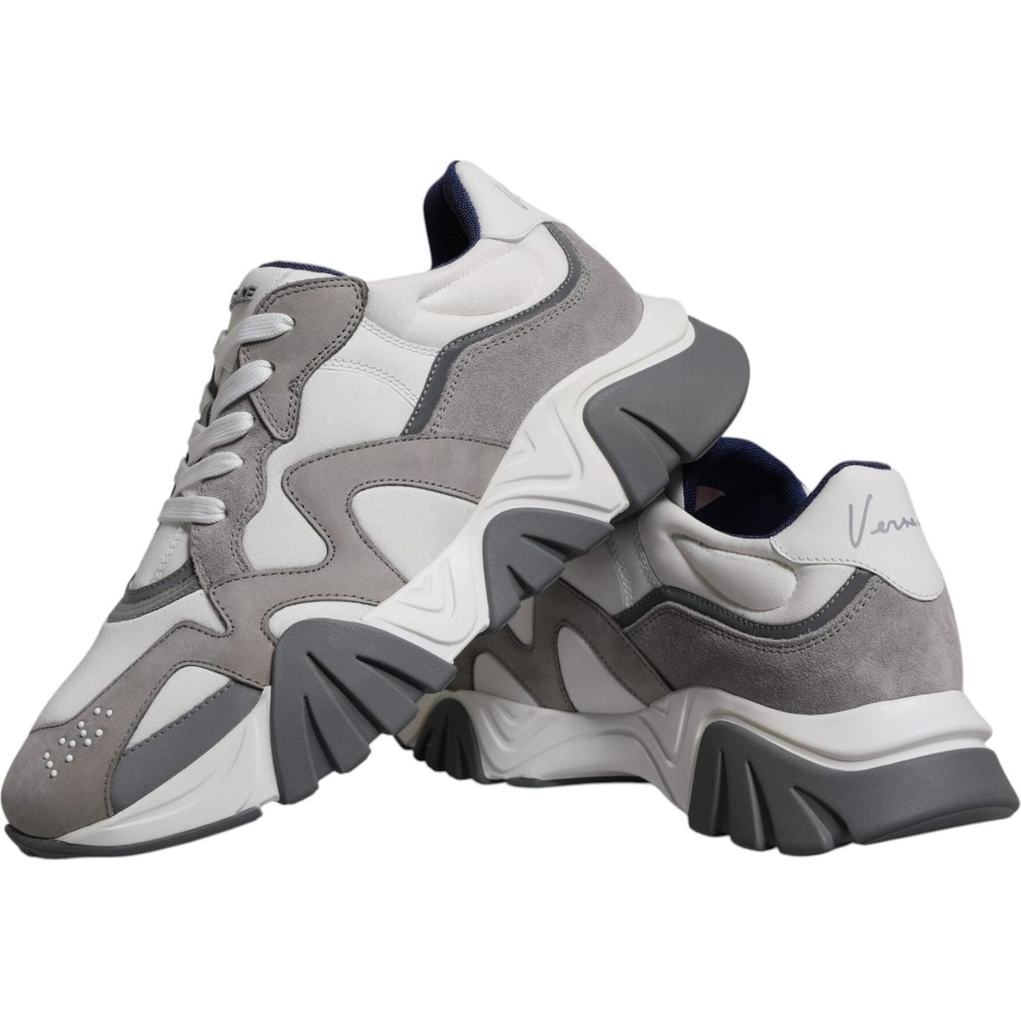 Versace Squalo grey leather neoprene chunky low-top sneakers with rubber sole, lace-up closure, and logo details. Made in Italy.