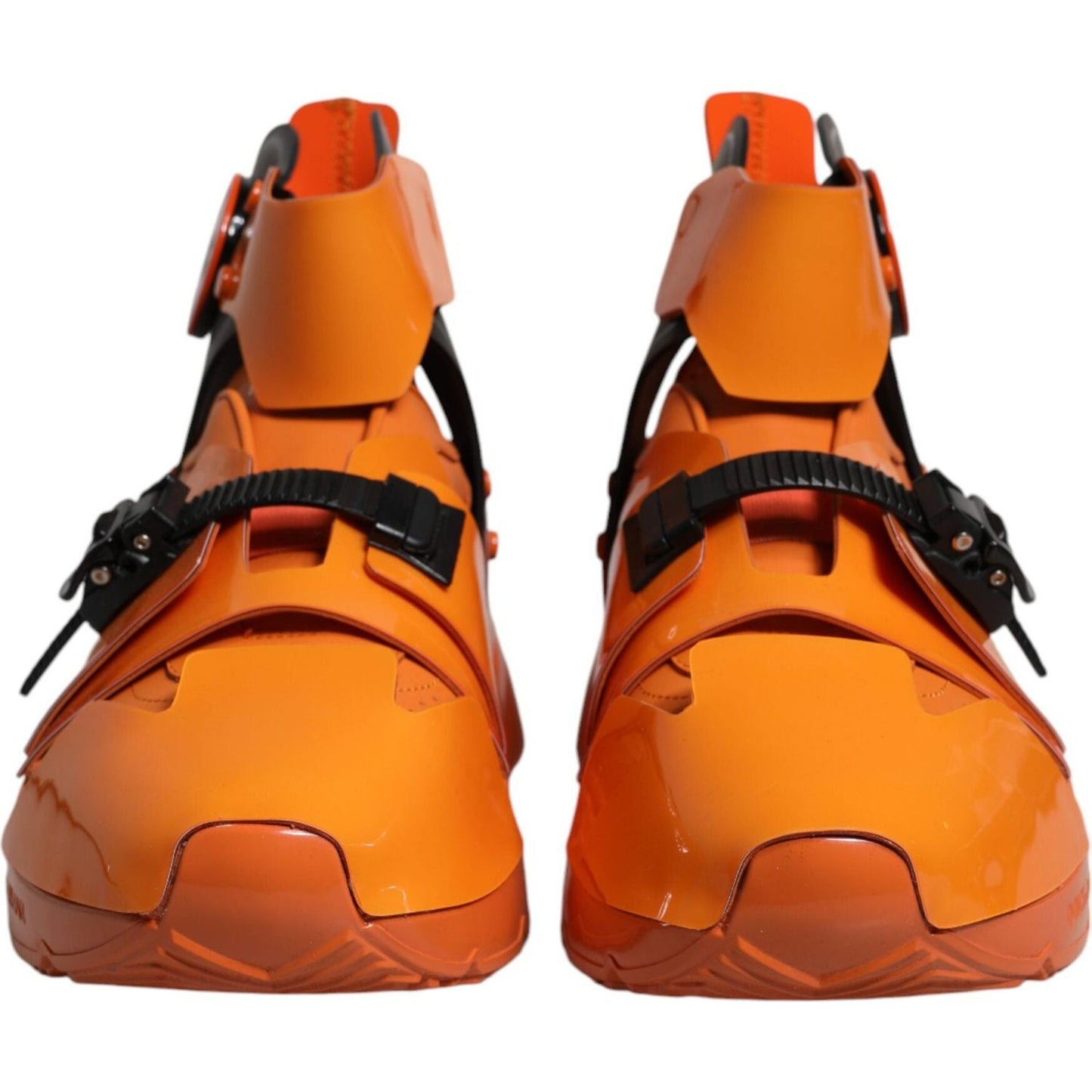 Dolce & Gabbana orange multi-panel chunky high top sneakers with round toe, buckle closure, and ridged rubber sole. Made in Italy.