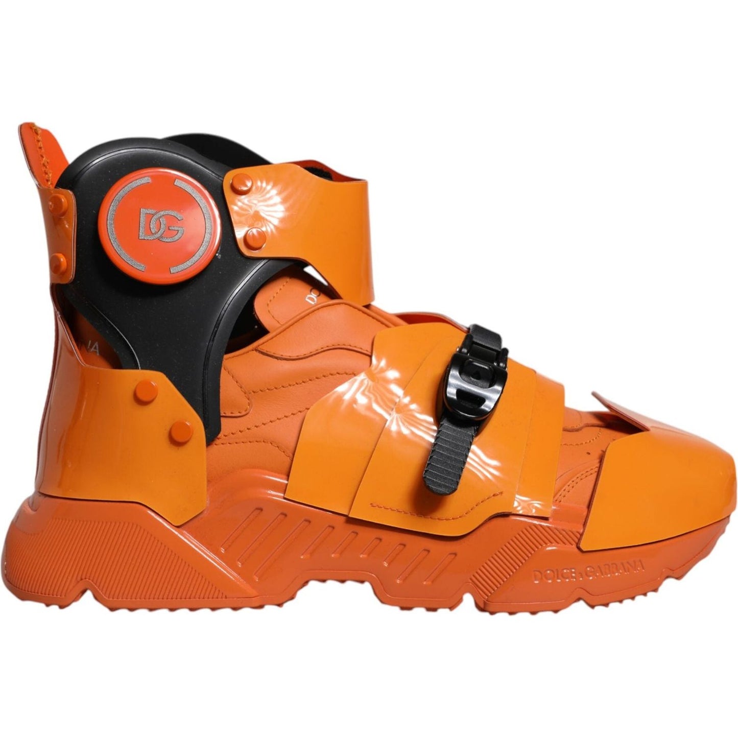 Dolce & Gabbana orange high top sneakers with multi-panel design, buckle closure, and ridged rubber sole.