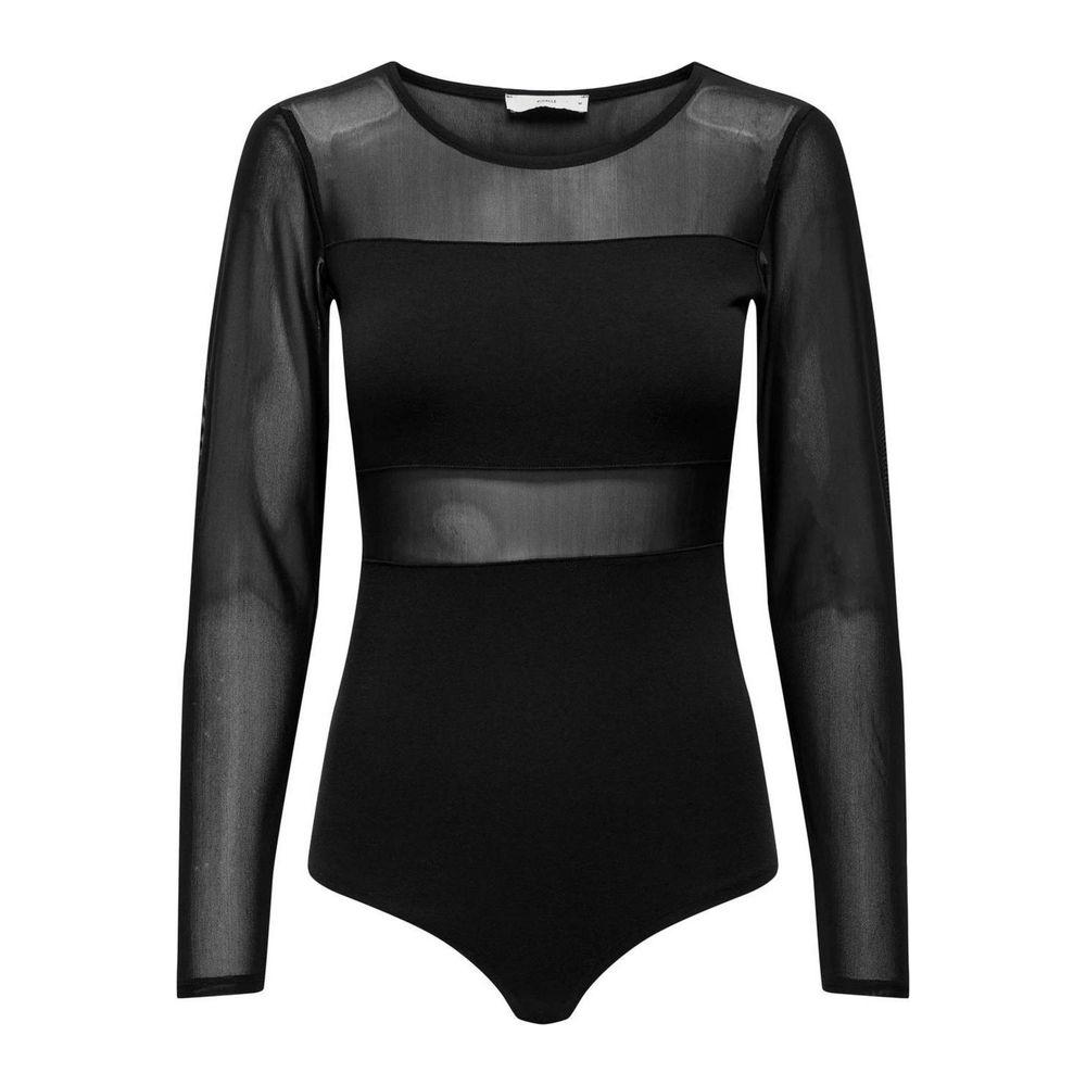 Elegant black long-sleeve mesh t-shirt bodysuit for women, 95% cotton, perfect for stylish layering or standalone wear.