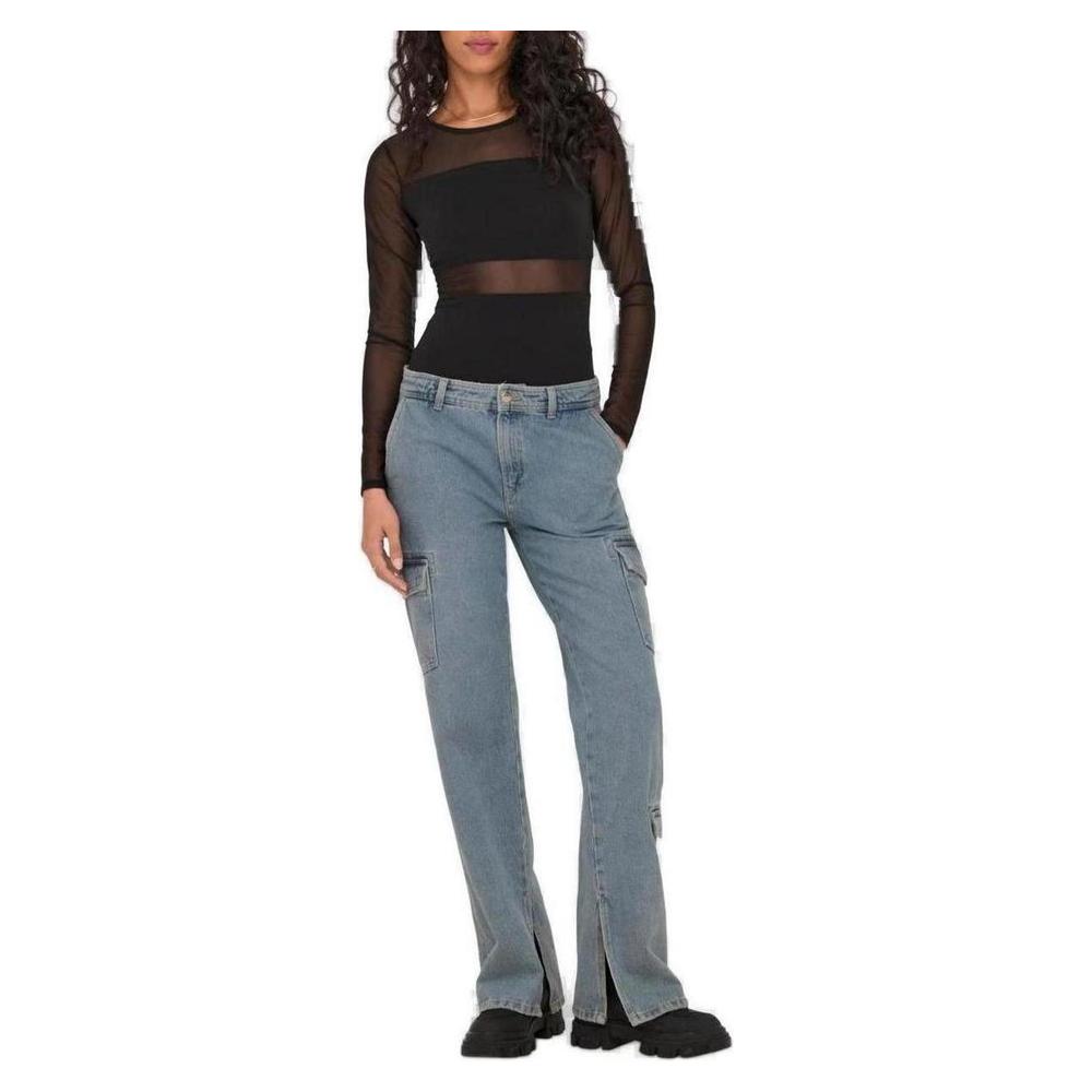 Woman wearing Only black mesh long-sleeve cotton top and jeans, showcasing elegance and style, ideal for versatile occasions.