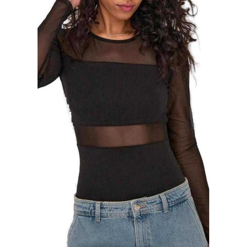 Woman wearing a black cotton long-sleeve top with mesh inserts from Only, paired with jeans, showcasing elegance and versatility.