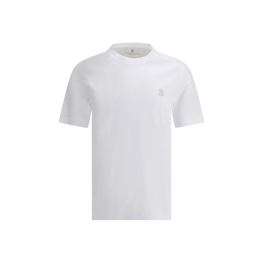 Brunello Cucinelli white cotton T-shirt with contrasting logo, elegant and versatile monochrome design.