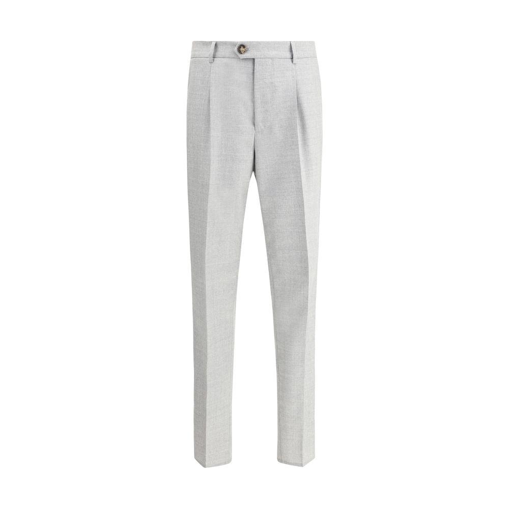 Brunello Cucinelli virgin wool pants with button-zip closure, side slash pockets, back welt pockets, and belt loops for a tailored fit.