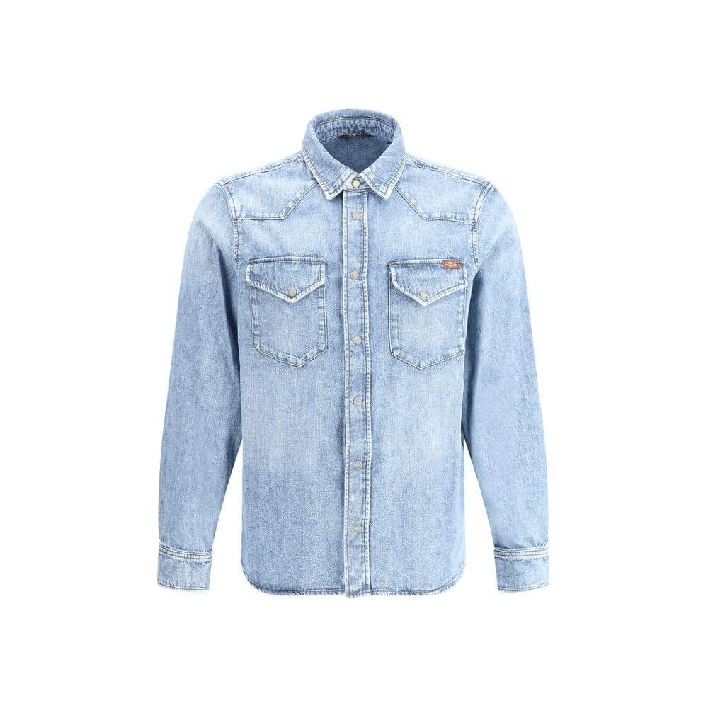 7FOR denim Western shirt with classic collar, button front, flap patch pockets, and adjustable cuffs. Regular fit cotton design.