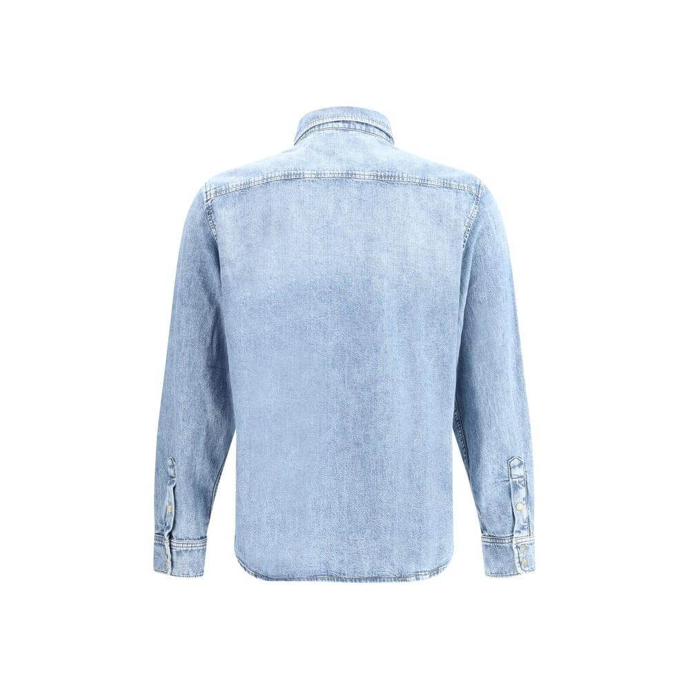Back view of 7For cotton denim Western shirt with classic collar, button cuffs, and flap pockets.