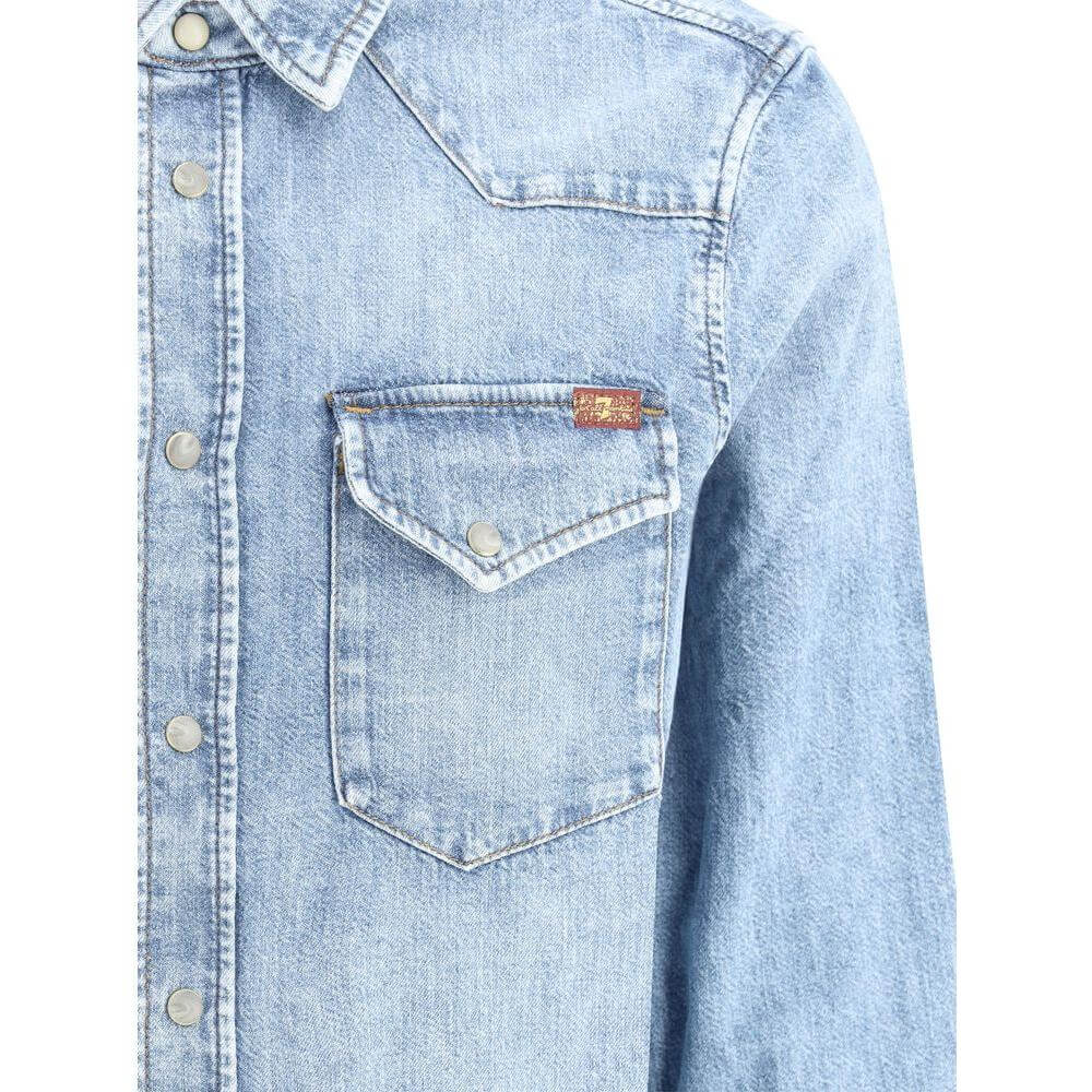 7FOR Western Cotton Denim Shirt with Button Closure and Pockets