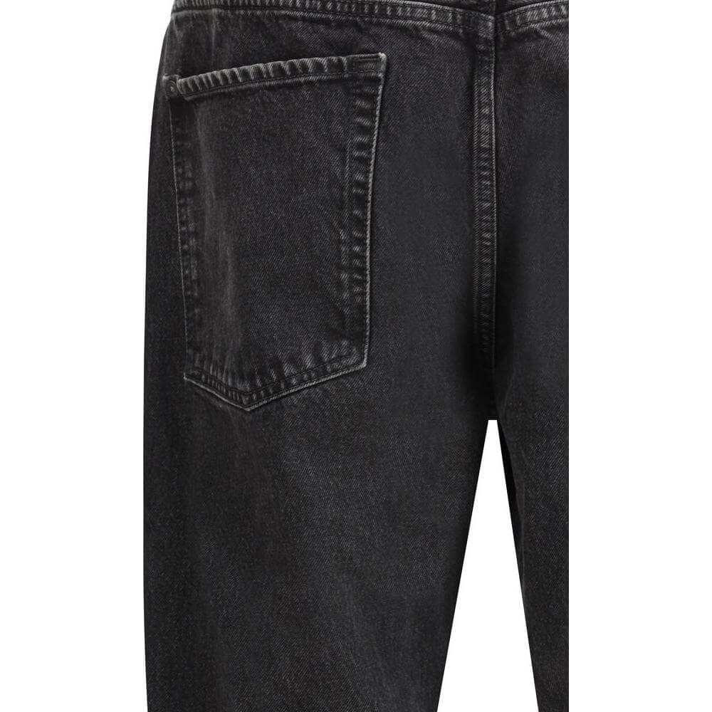 Back view of 7FOR Koto cotton Jeans in monochrome, showcasing the pocket and stitch details in a straight five-pocket design.