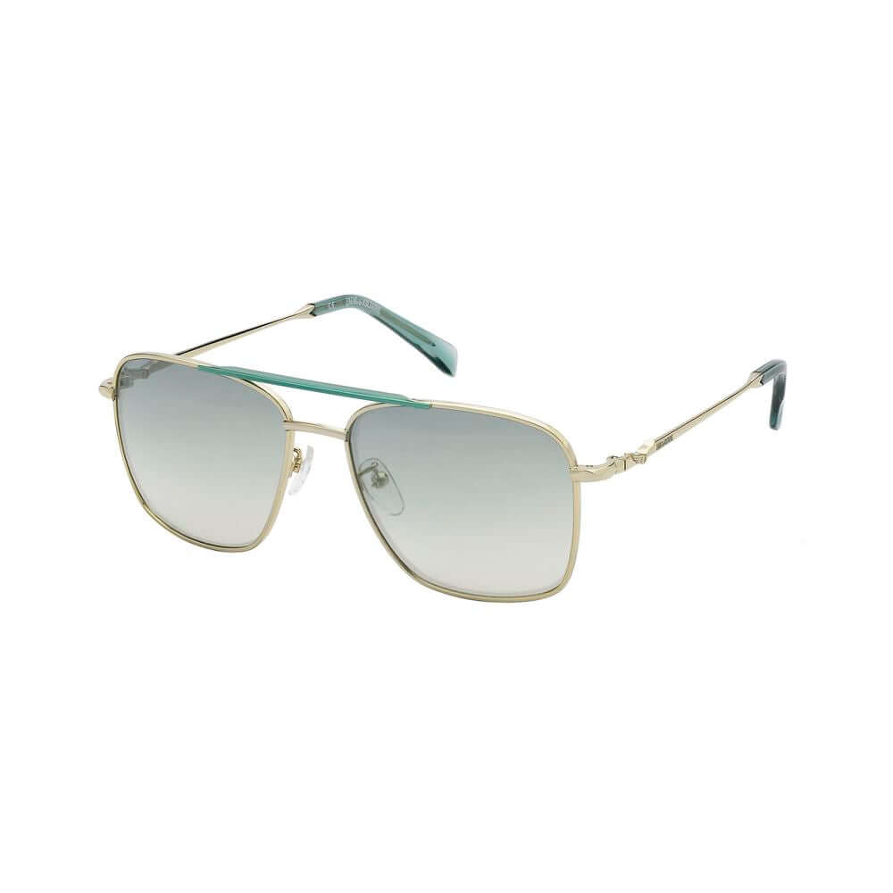 Zadig & Voltaire gold metal sunglasses with green gradient lenses, model SZV337-560492, featuring 56/16/140mm measurements for women.