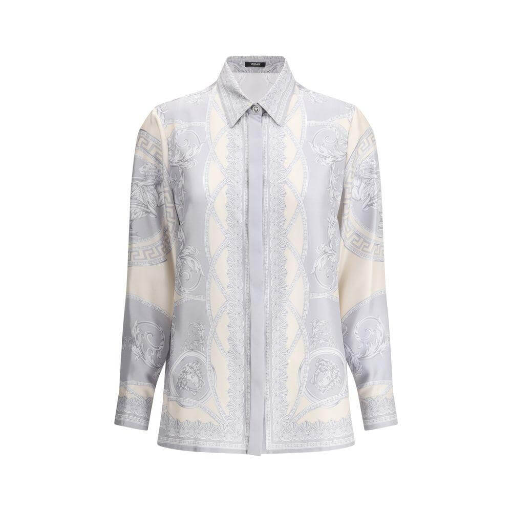 Alt Tag: Versace Barocco Silk Shirt with classic collar and opulent Barocco pattern, featuring gold details for a sophisticated look.