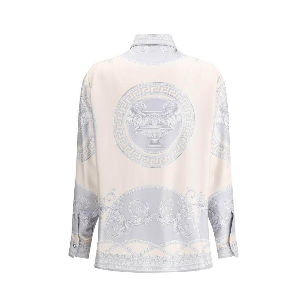 Back view of Versace Barocco Silk Shirt featuring iconic all-over printed Barocco pattern with opulent motifs and classic collar.