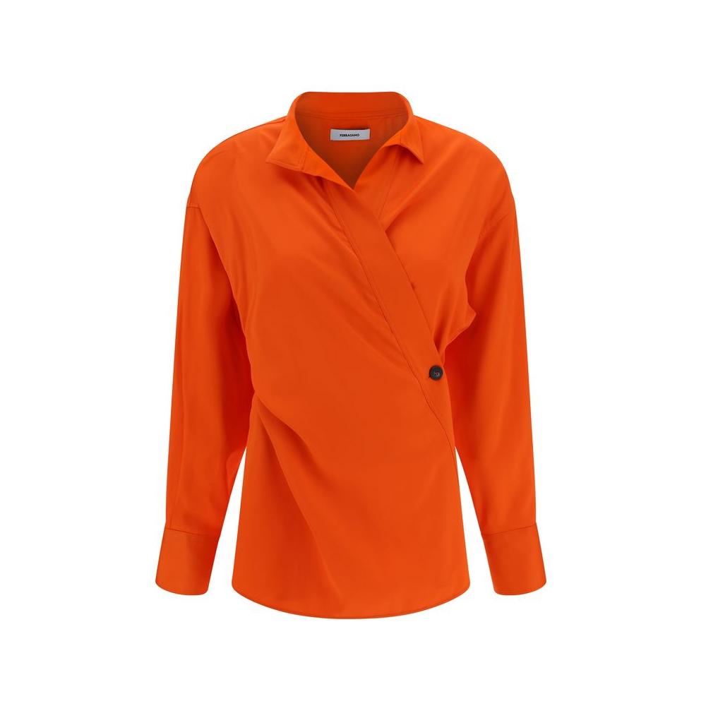 Alt Tag: Ferragamo orange shirt with classic collar, adjustable cuffs, kimono closure, single button side panel, and oversize fit