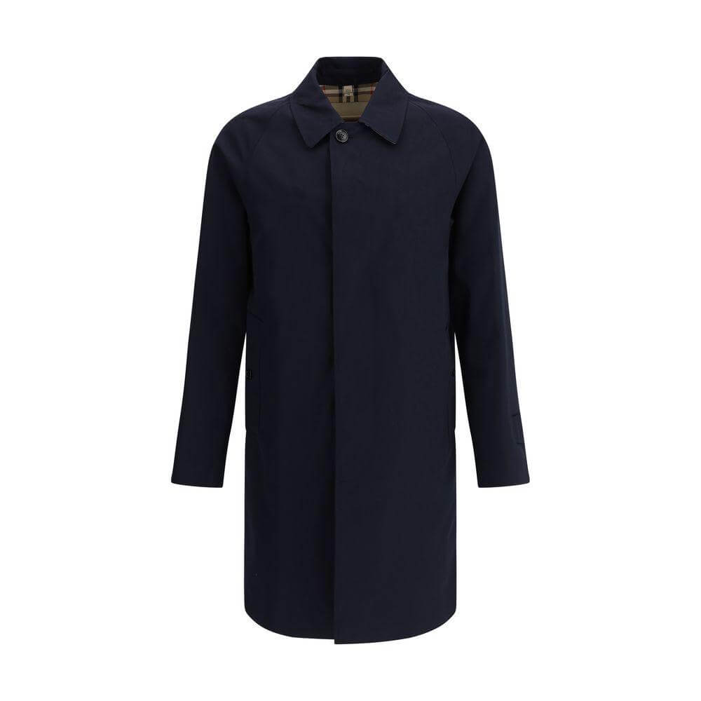 Burberry Camden Coat in cotton with classic collar, button closure, and Archivio Check lining, featuring welt pockets and adjustable cuffs.