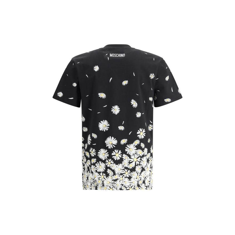 Moschino black T-Shirt with white daisy print, featuring a ribbed crew neck for a playful, floral look.