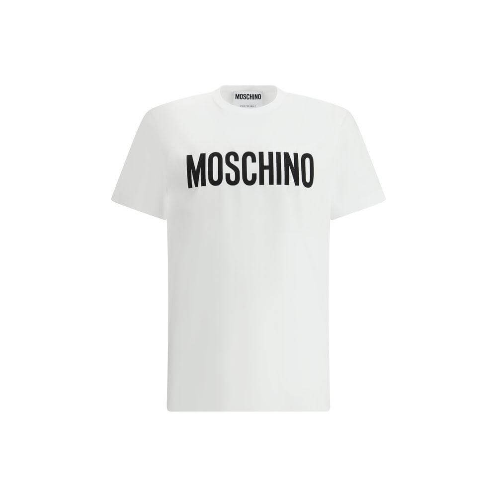 Moschino cotton logo T-shirt with ribbed crew neck, featuring iconic monogram print on front for a bold, modern casual look.