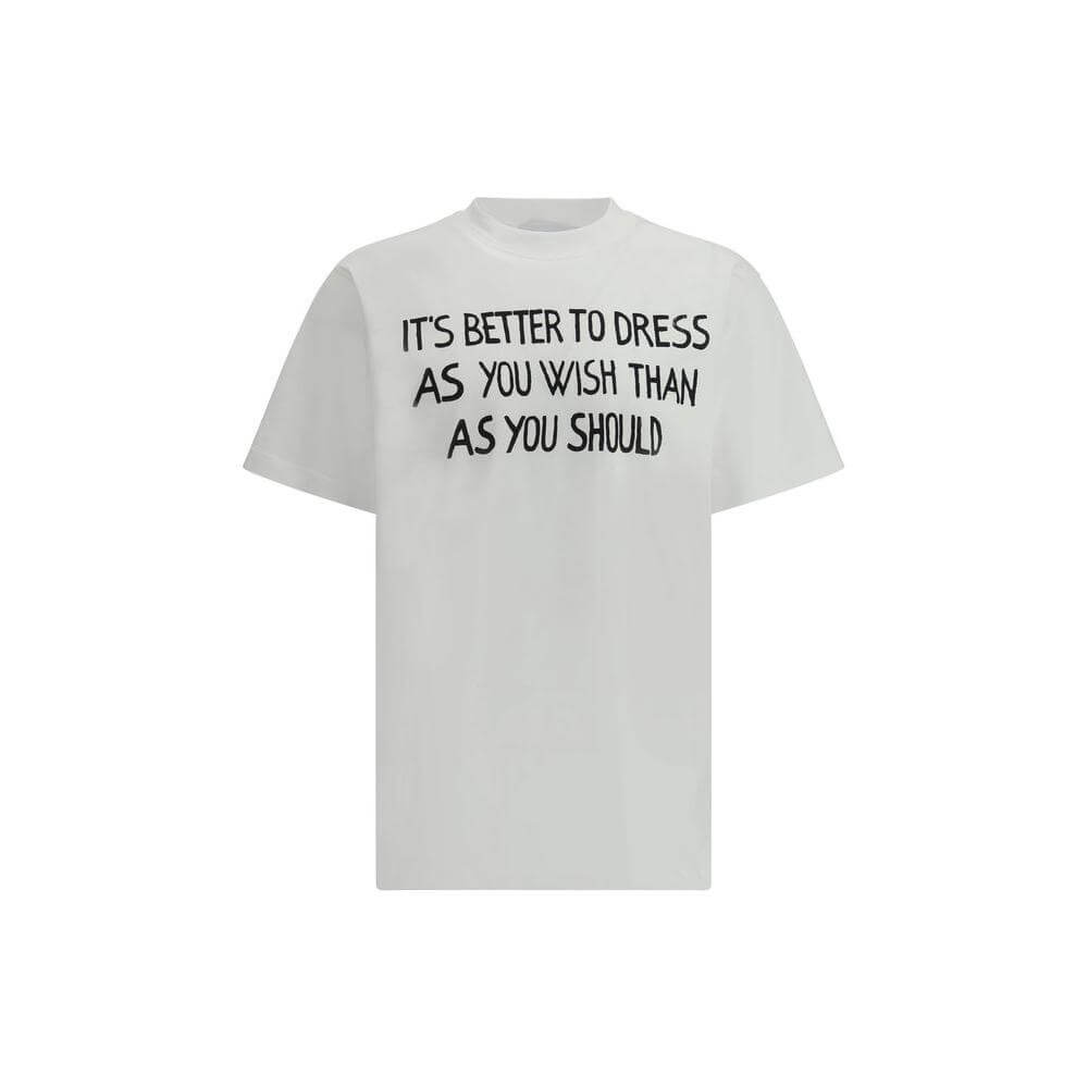 Moschino white T-shirt with bold front text, ribbed crew neck, and iconic monogram; sleek, modern design with monochrome versatility.