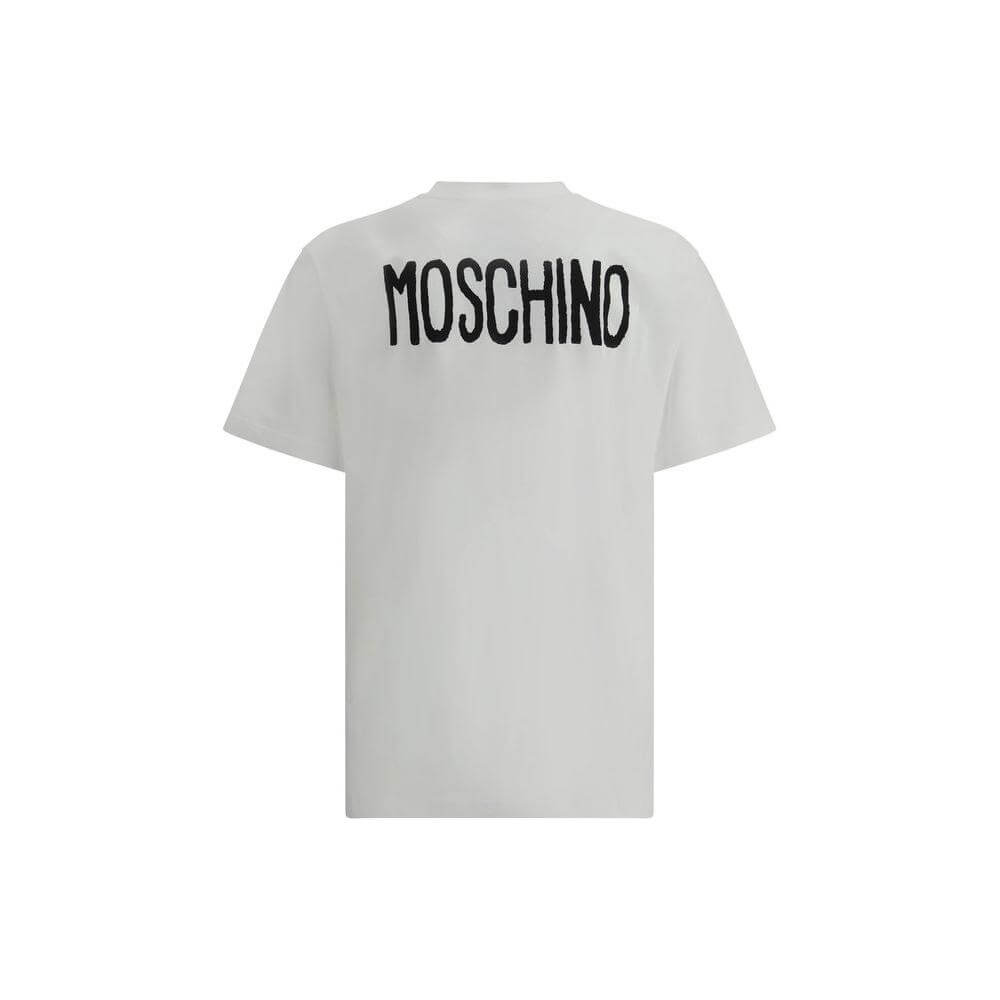 Moschino T-Shirt with bold contrasting lettering on back, featuring modern design and ribbed crew neck for a classic fit.