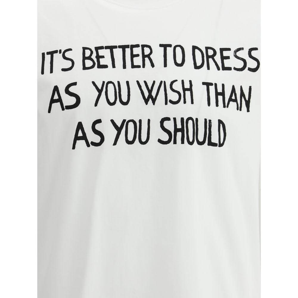 Moschino cotton T-shirt with bold text 'It's better to dress as you wish than as you should', ribbed crew neck, monochrome design.