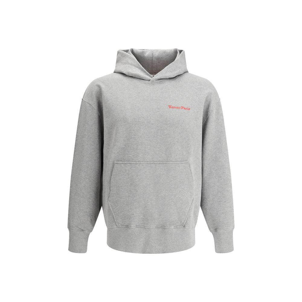 Kenzo cotton hoodie with ribbed cuffs, hem, and kangaroo pocket. Iconic brand monogram on front, regular fit. Gray color.