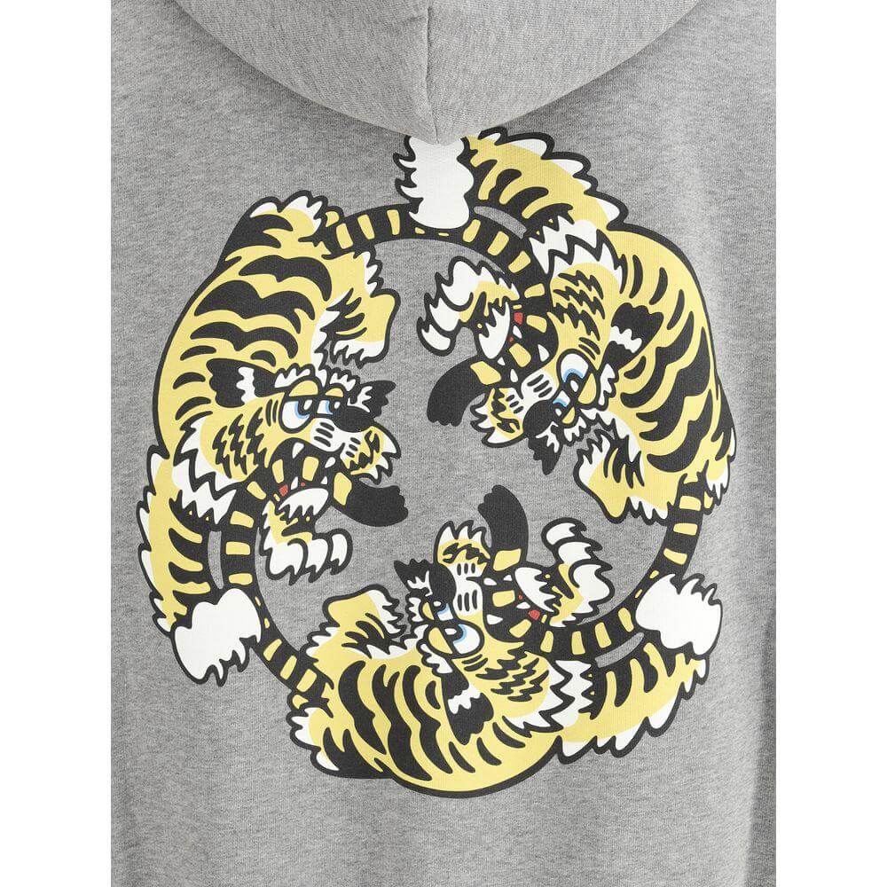 Gray Kenzo hoodie with graphic tiger design on the back, featuring vibrant yellow and black colors. Trendy style for casual wear.