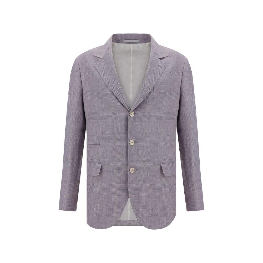 Brunello Cucinelli wool blazer jacket with button fastening, classic lapels, check pattern, and regular fit. Stylish for formal occasions.