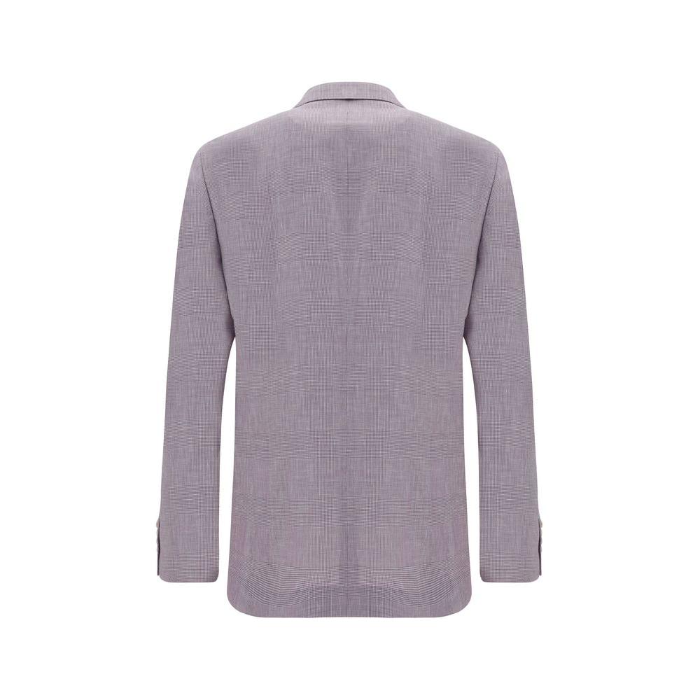 Back view of Brunello Cucinelli wool blazer jacket in check pattern with classic lapels and dual back slits.