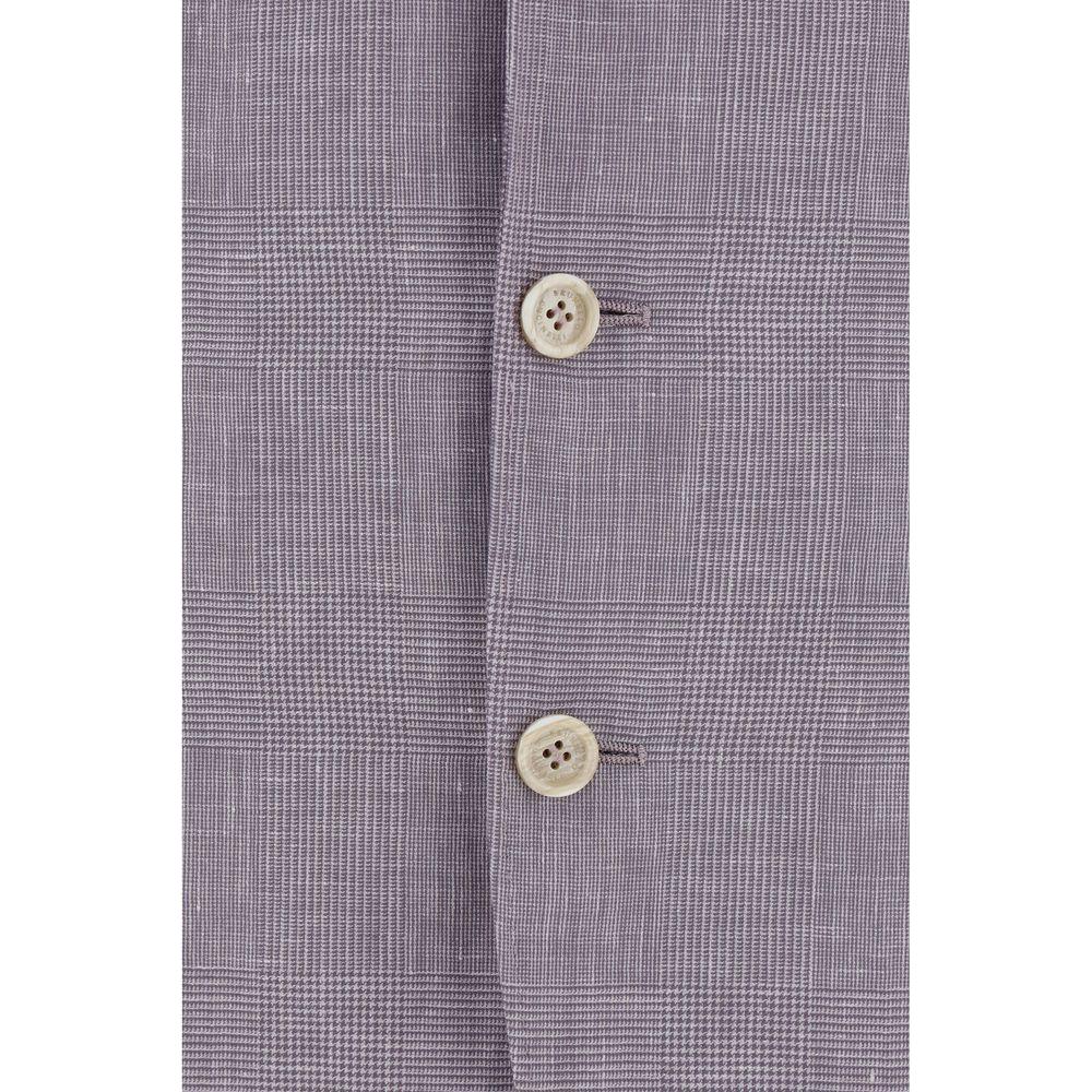 Close-up of Brunello Cucinelli wool blazer jacket with check pattern and button fastening.
