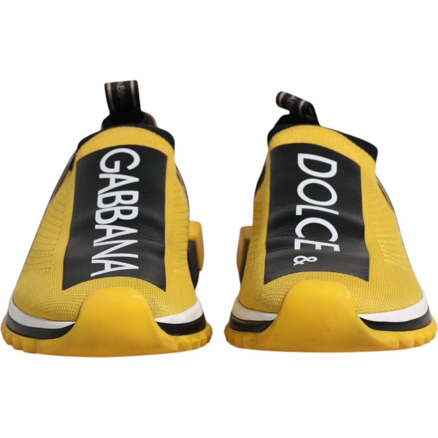 Dolce & Gabbana Sorrento sneakers in yellow and black with logo print, rubber sole, and fabric pull strap, made in Italy.