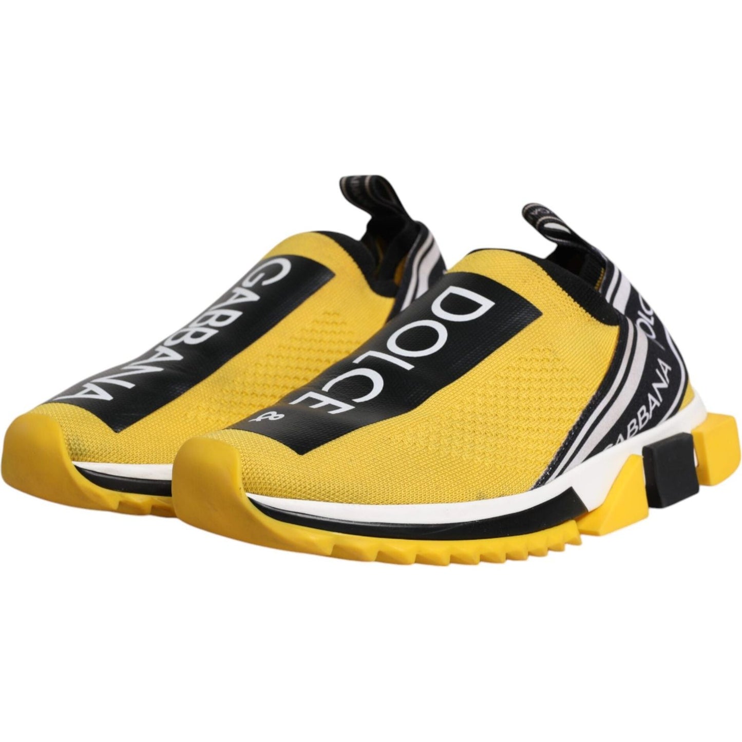 Dolce & Gabbana yellow black slip-on Sorrento sneakers with logo, black decorative rubber sole, and pull strap. Made in Italy.
