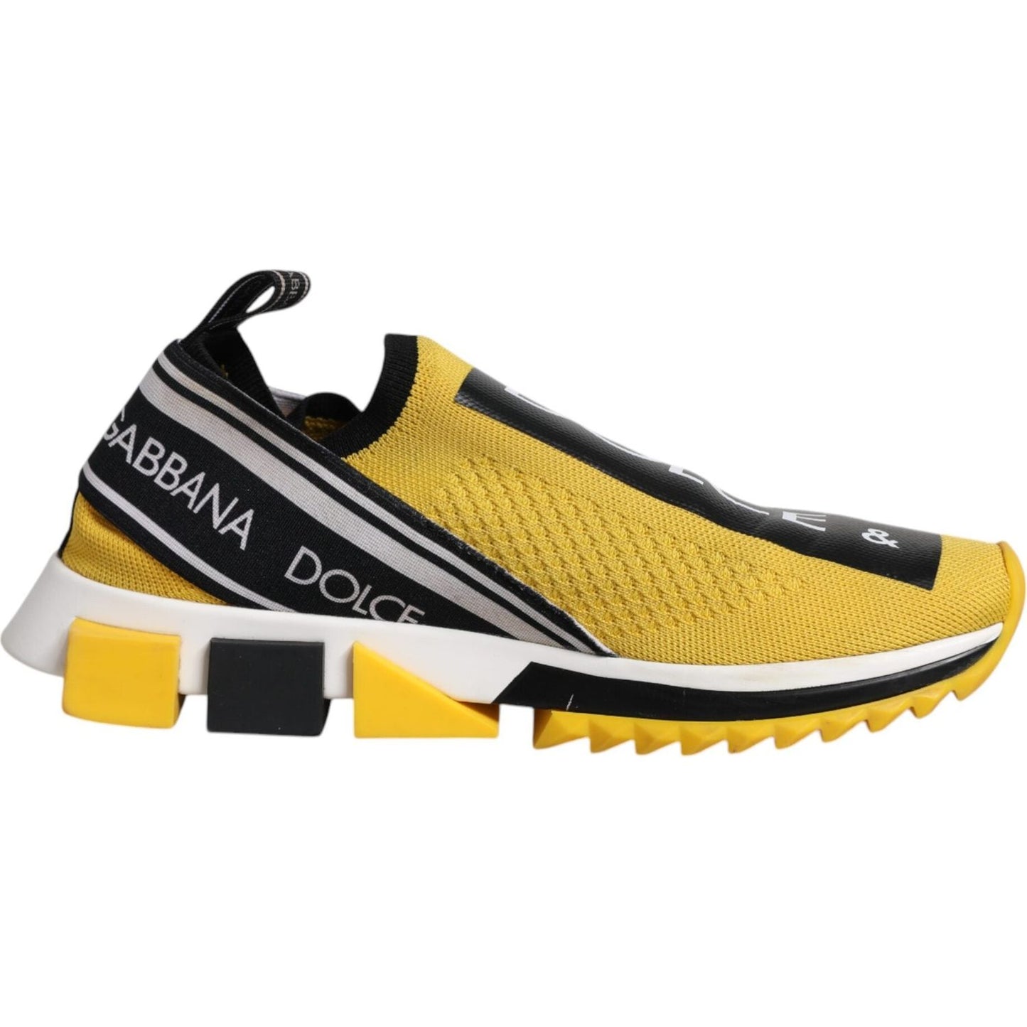 Dolce & Gabbana Sorrento sneaker in yellow and black with logo print, slip-on design, rubber sole, and fabric pull strap.