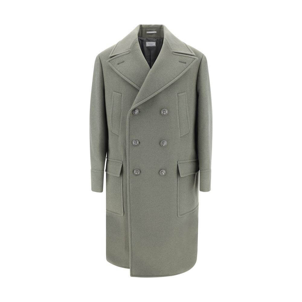 Men's Brunello Cucinelli wool coat with double-breasted front, spear lapels, and structured shoulders in green.