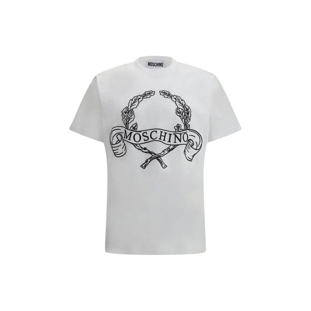 Moschino cotton T-shirt with ribbed crew neck and embroidered maxi logo on front, blending casual comfort with sophisticated style.