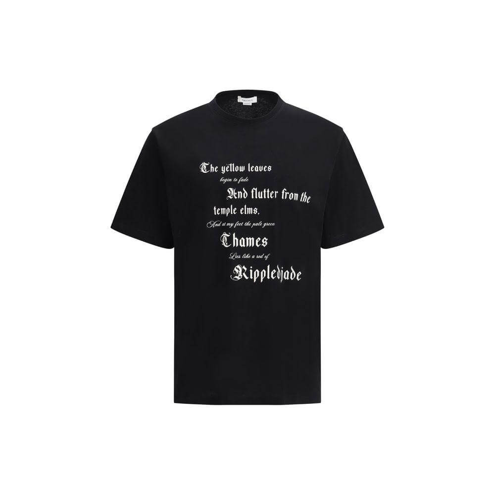 Alexander McQueen black cotton T-shirt with ribbed crew neck and bold white maxi print text on front, offering a modern and distinctive style.
