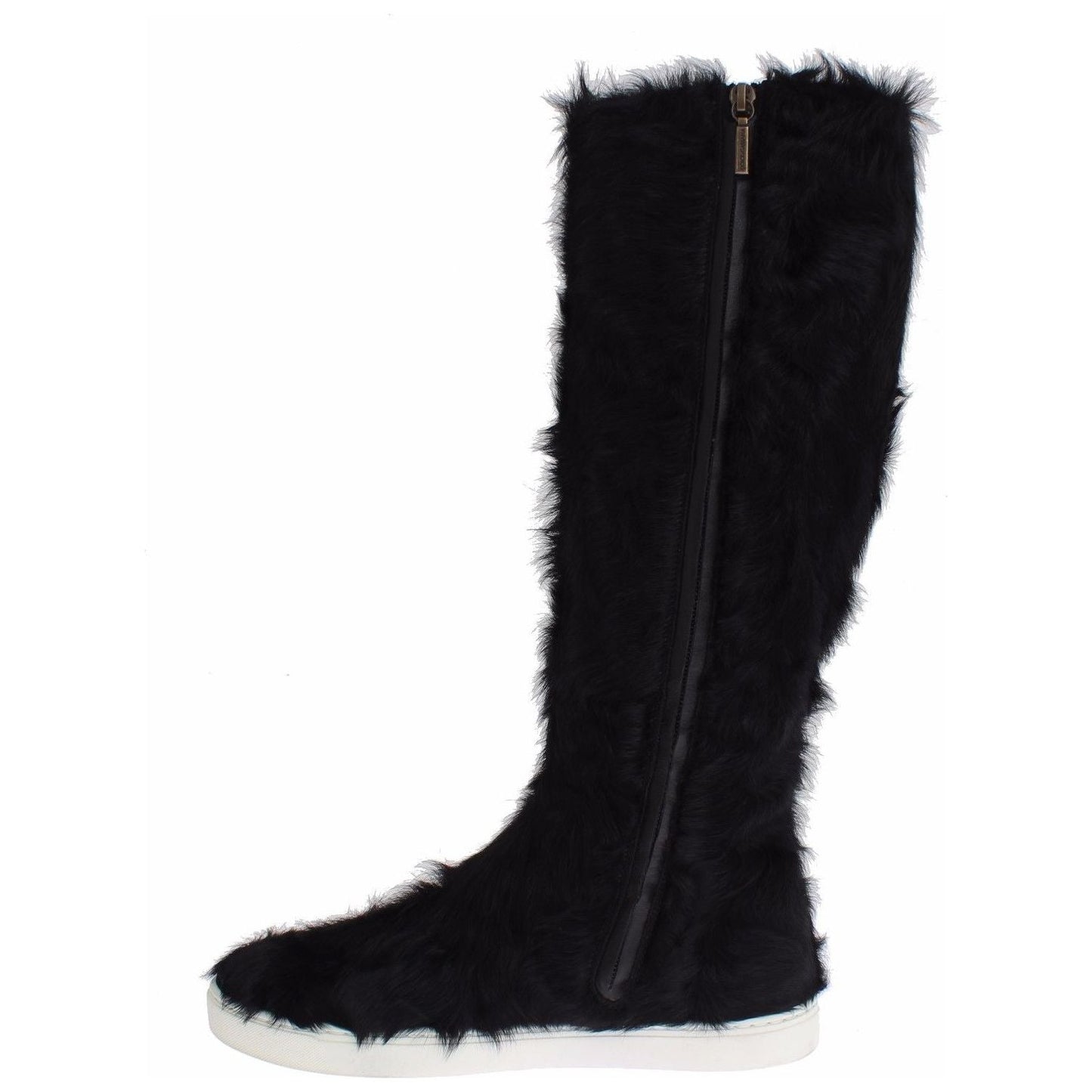Dolce & Gabbana Elegant Black Fur Leather Flat Sneaker Boots Dolce & Gabbana Black