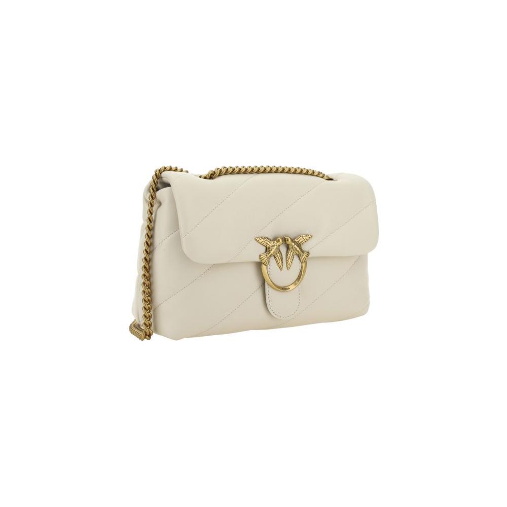 PINKO Love Classic Shoulder Bag in calfskin with gold-plated Love Birds logo, quilted design, and sliding chain strap.