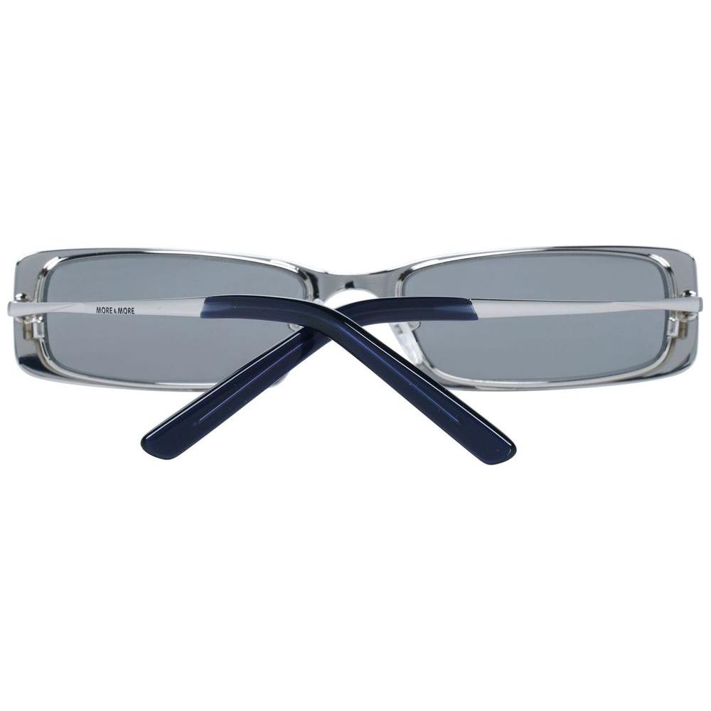 Rectangular silver metal sunglasses with gray lenses, model MM54057-52200, offering 100% UVA & UVB protection.