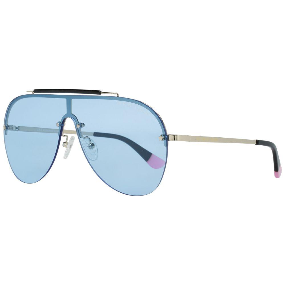 Victoria's Secret gold metal sunglasses with blue mono lenses, 60-21-135 mm, 100% UV protection, stylish eyewear for women.