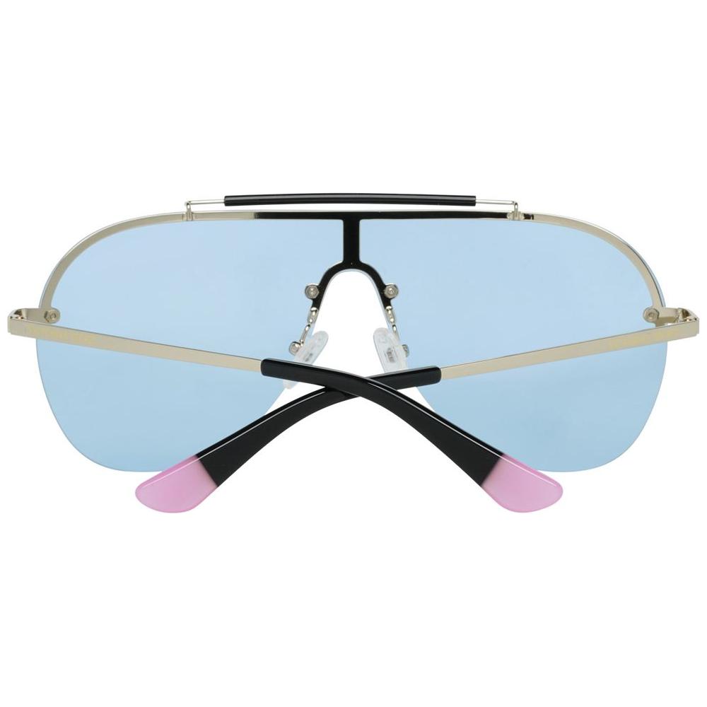 Victoria's Secret gold metal sunglasses with blue mono lenses, 60-21-135 mm dimensions, offering 100% UV protection for women.