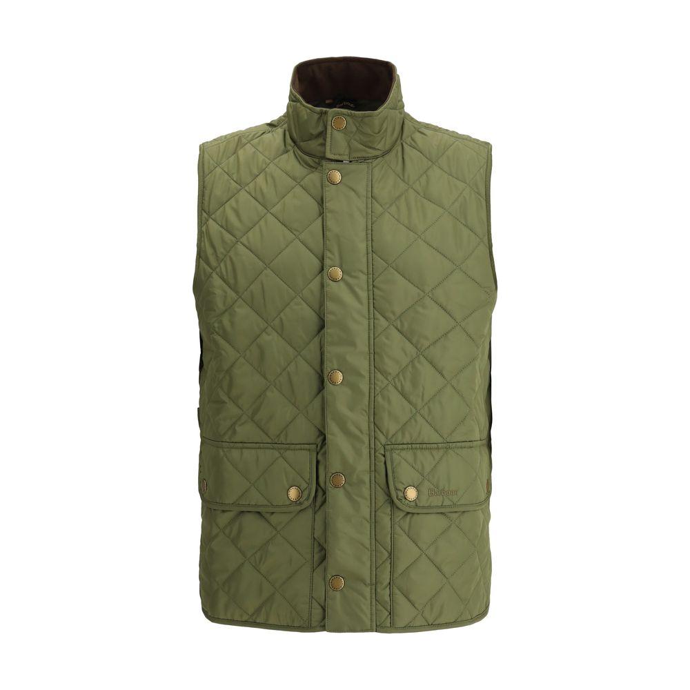 Barbour New Lowerdale Vest in olive green with diamond quilting, high collar, button and zipper front, and patch flap pockets.