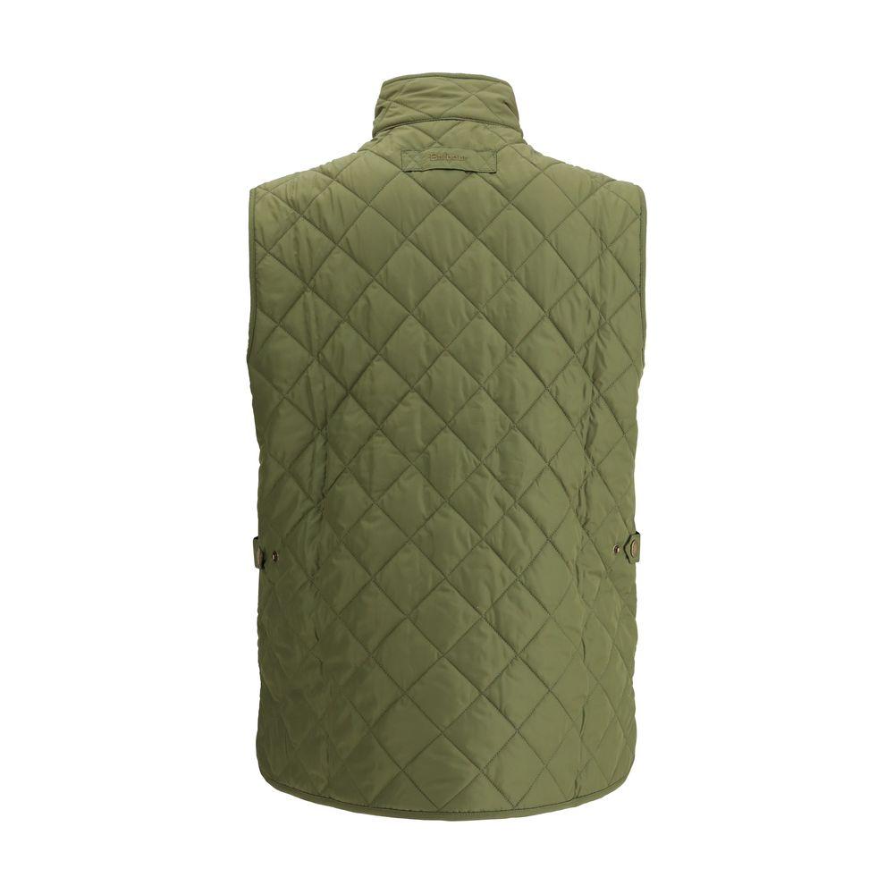 Barbour New Lowerdale Vest rear view, olive green diamond quilted design with high collar and practical flap pockets.