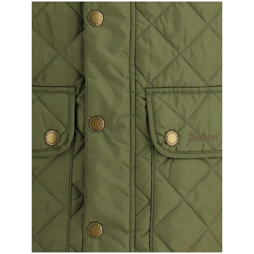 Close-up of Barbour New Lowerdale Vest showcasing diamond quilted design and patch flap pockets in olive color.
