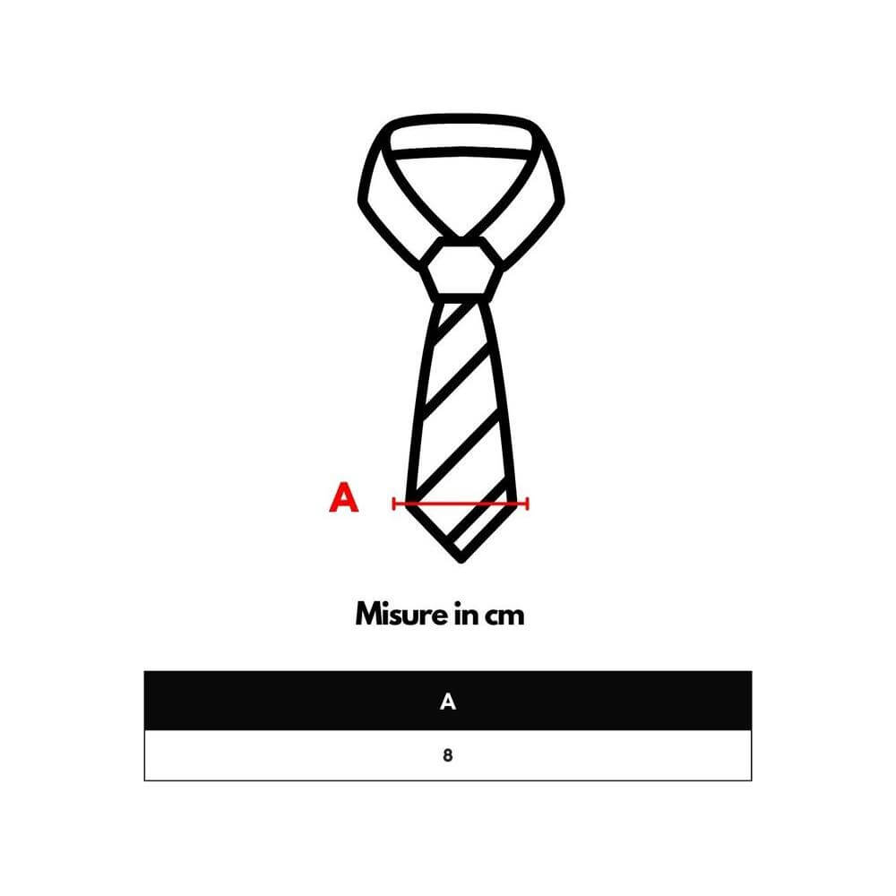 Illustration of a tie with width measurement in centimeters, showing "A" as 8 cm.