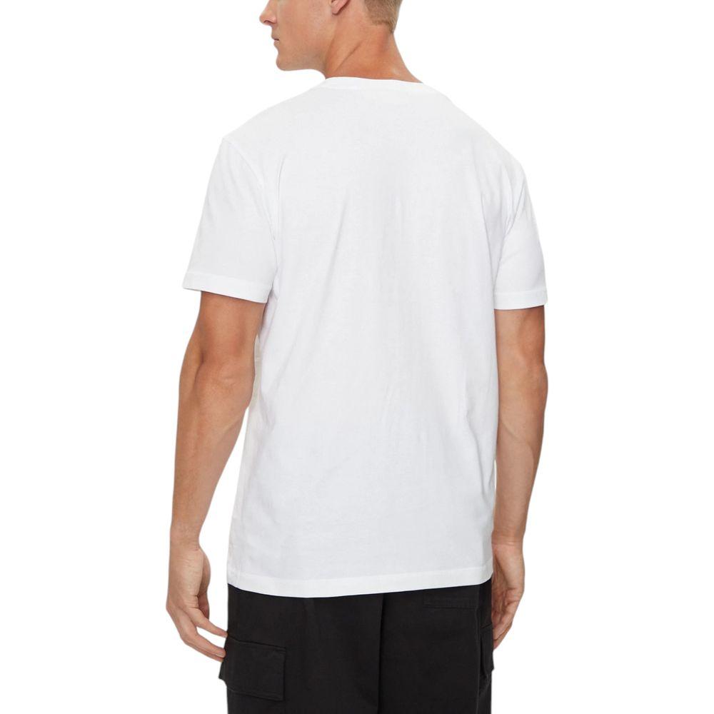 Back view of Calvin Klein Jeans white recycled cotton t-shirt worn by male model.