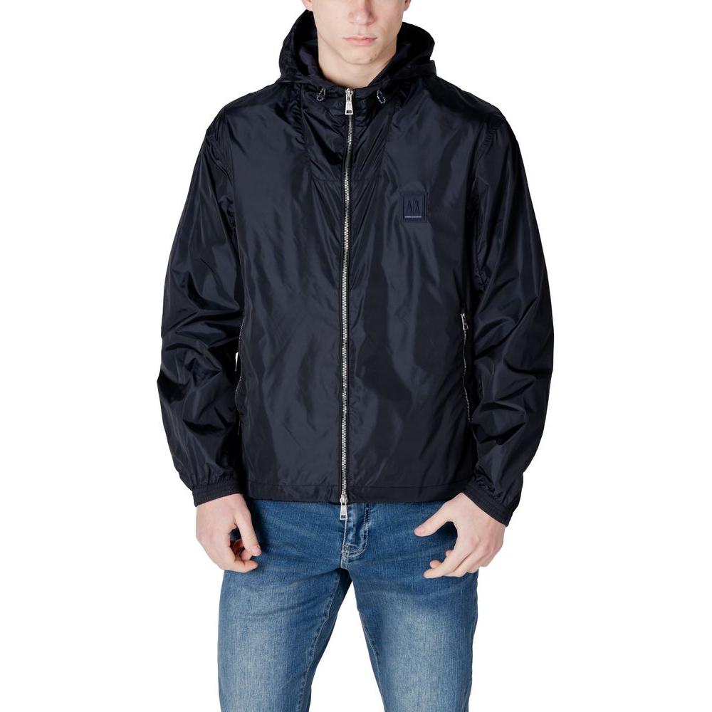 Man wearing Armani Exchange blue polyamide jacket, 100% polyamide, part of men's jackets collection, front view