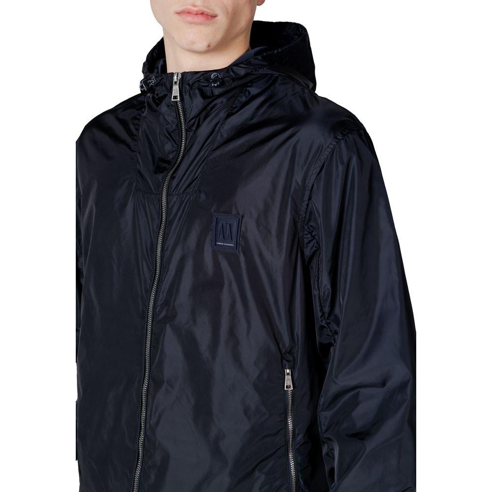 Armani Exchange men's blue polyamide jacket with hood and zip closure, stylish and lightweight design for versatile wear.