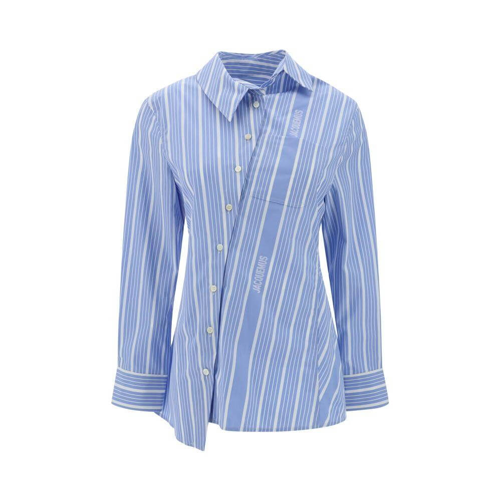 Jacquemus La Chemise Pablo Shirt with asymmetrical button closure and striped pattern, featuring a front patch pocket and classic collar.