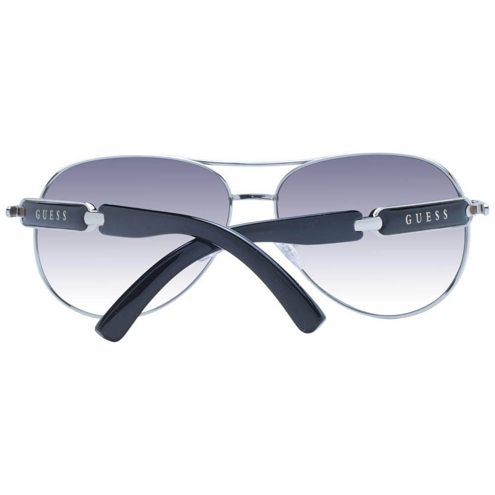 Guess silver women's aviator sunglasses with gradient grey lenses, metal full-rim frame, and UV protection, includes branded case.