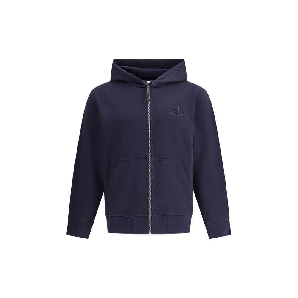 C.P. Company cotton hoodie with zipper, drawstring hood, welt pockets, ribbed cuffs, hem, and embroidered monogram, navy color.