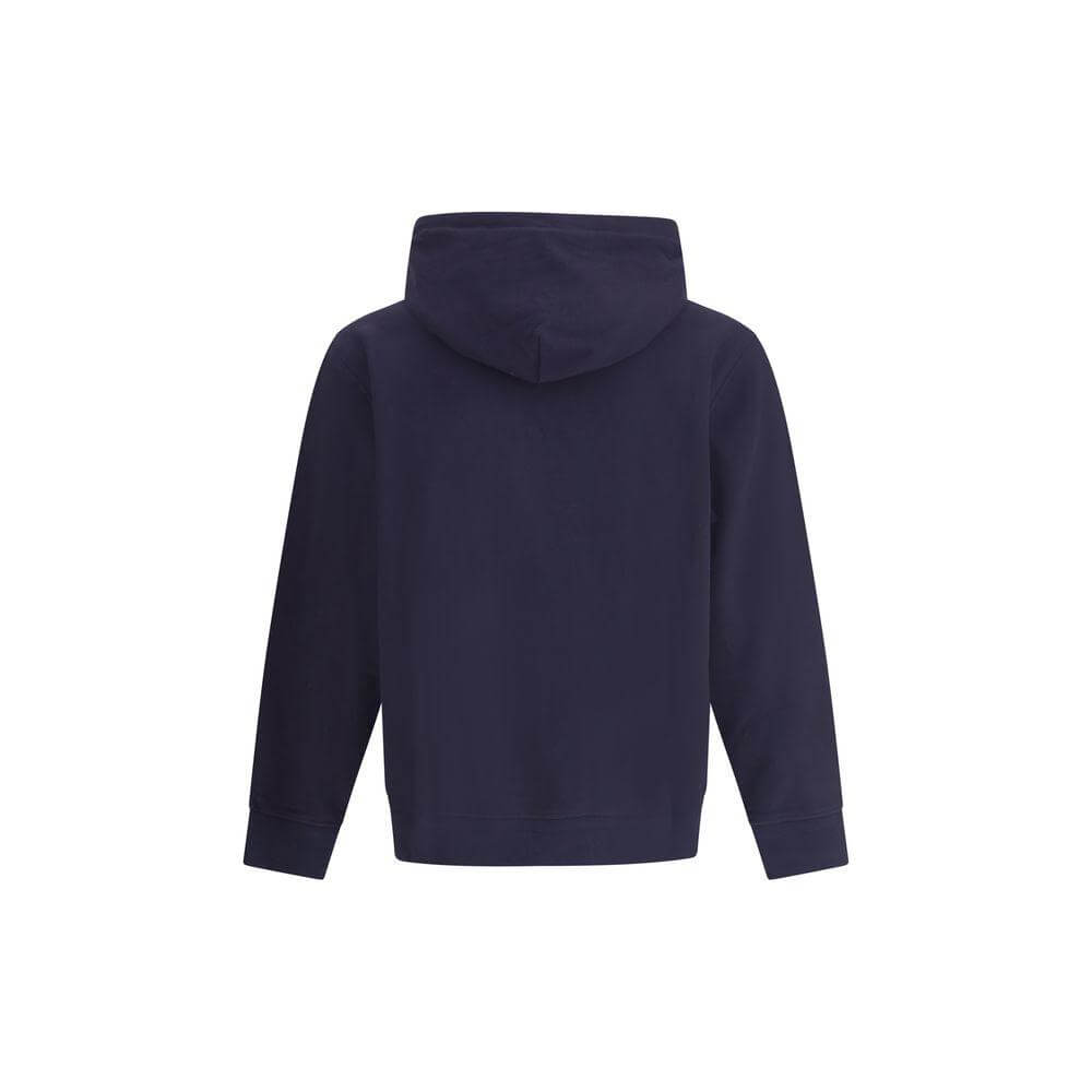 Back view of C.P. Company navy cotton hoodie with a hood and ribbed cuffs, showcasing minimalist design.