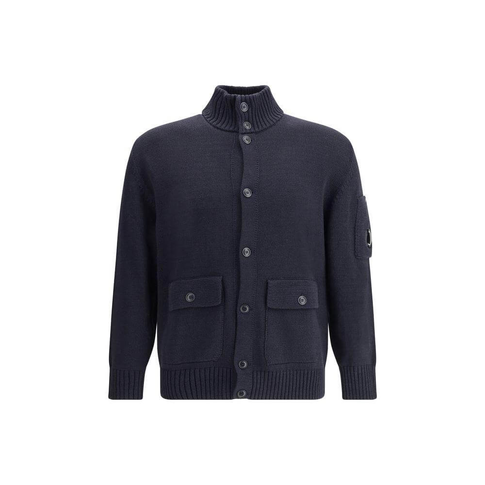 C.P. Company cotton cardigan with ribbed collar, front button closure, and two flap welt pockets for stylish functionality.